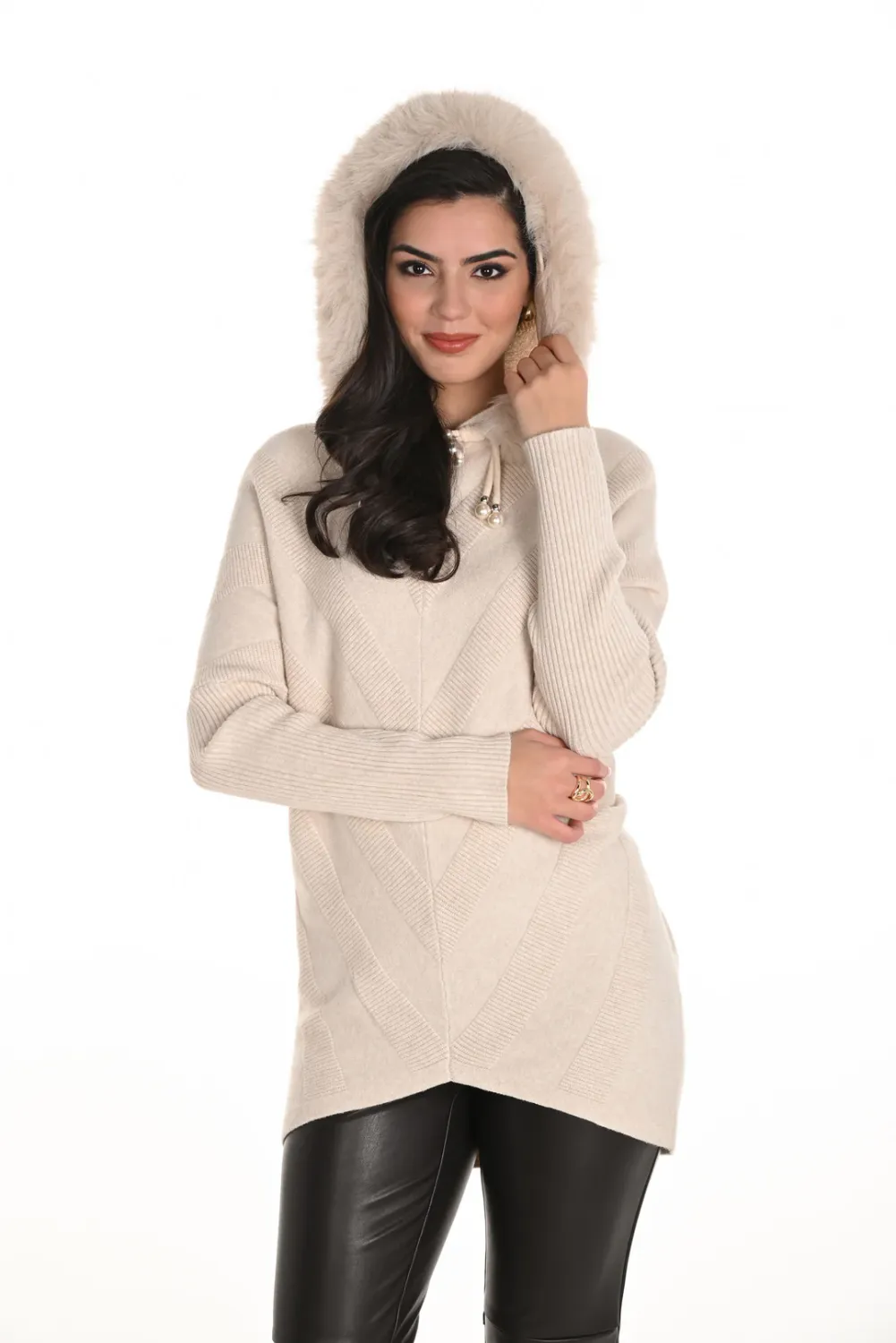 Frank Lyman 253780 Women's Pearl Detailing Chevron Knit Sweater – Oatmeal