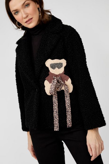 Frank Lyman 253878 Women's Bear Detail Coat – Black-Cheetah