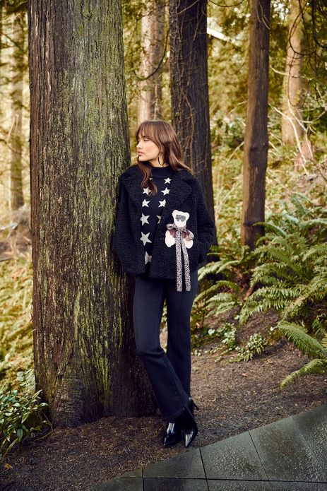 Frank Lyman 253878 Women's Bear Detail Coat – Black-Cheetah