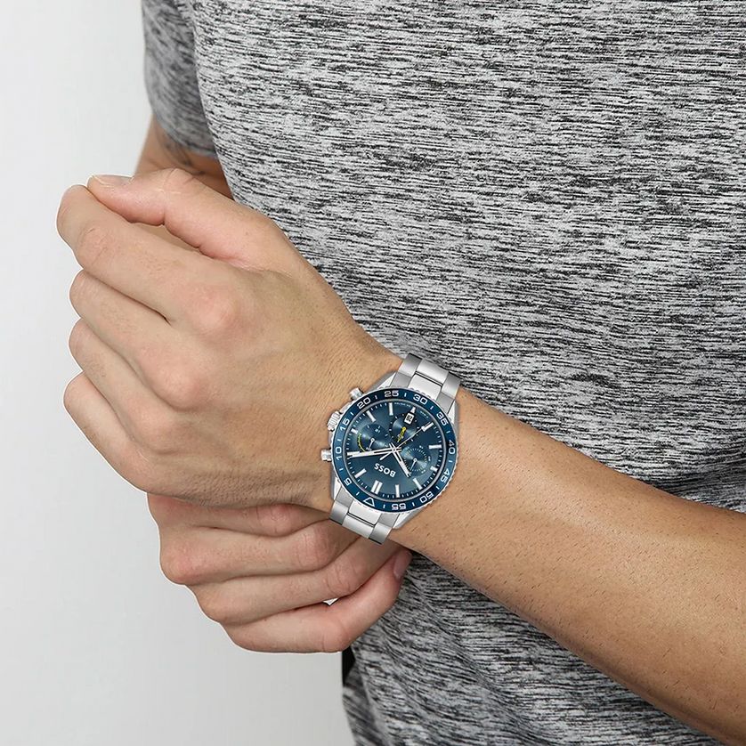Boss 1514143 Men's Runner Watch w/ Chronograph & Date – Silver Case & Blue Dial