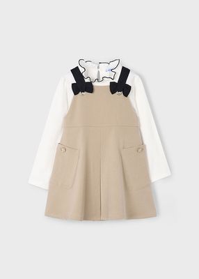 Mayoral 4914 Girl's Junior White Long Sleeve T-Shirt & Mocha Overall Dress Set 2PC