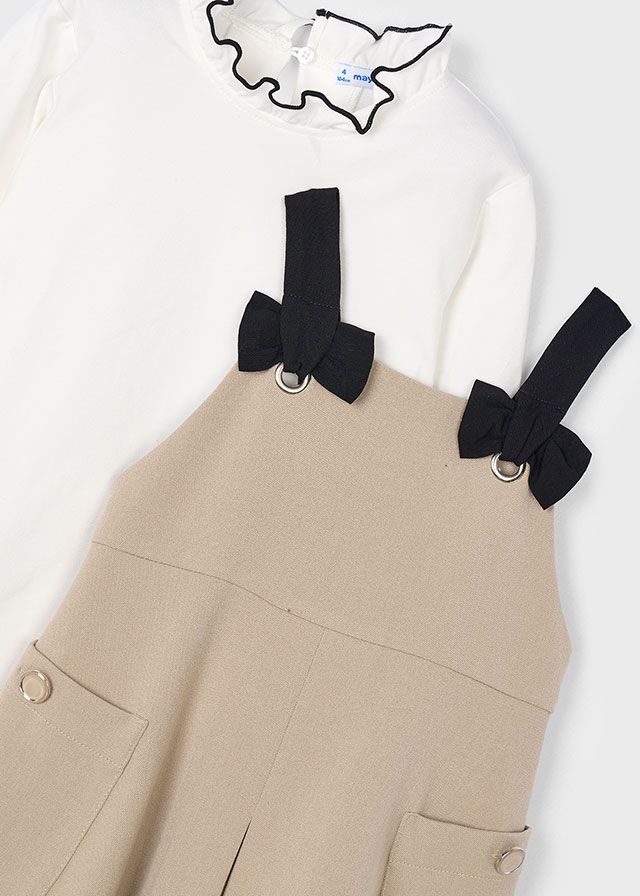 Mayoral 4914 Girl's Junior White Long Sleeve T-Shirt & Mocha Overall Dress Set 2PC