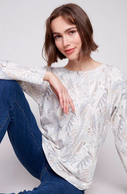Charlie B C2818P-464A Women's Long Sleeve Printed Boat Neck Sweater