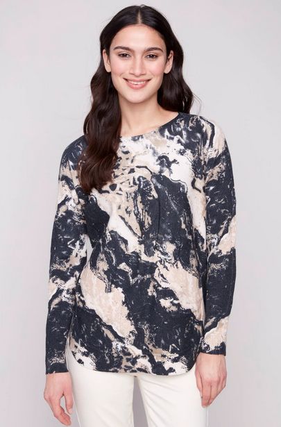 Charlie B C2818P-464A Women's Long Sleeve Printed Boat Neck Sweater