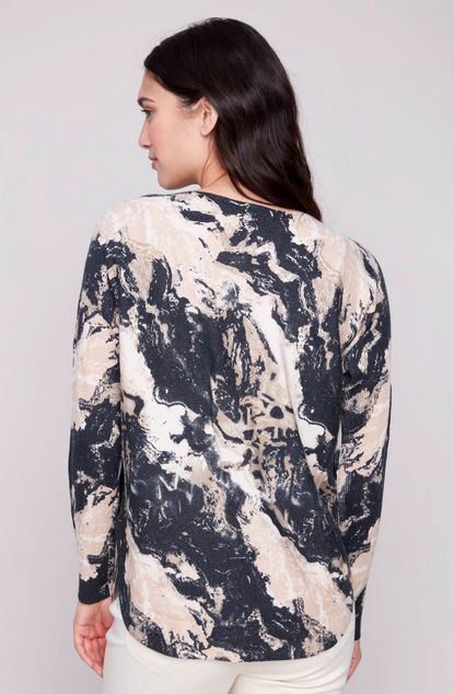 Charlie B C2818P-464A Women's Long Sleeve Printed Boat Neck Sweater