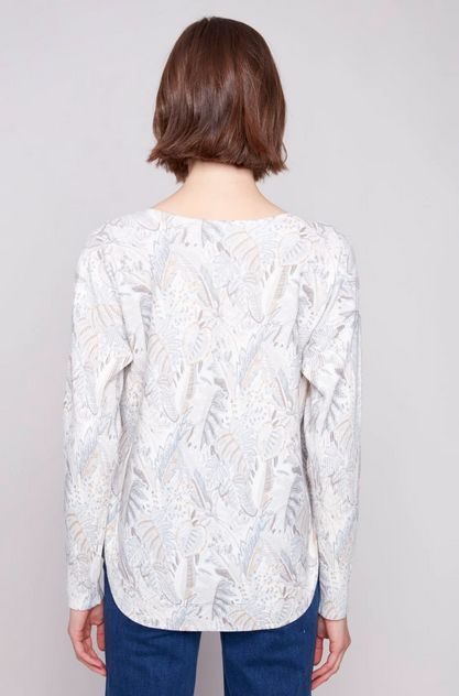 Charlie B C2818P-464A Women's Long Sleeve Printed Boat Neck Sweater