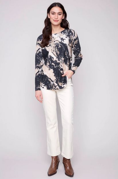 Charlie B C2818P-464A Women's Long Sleeve Printed Boat Neck Sweater