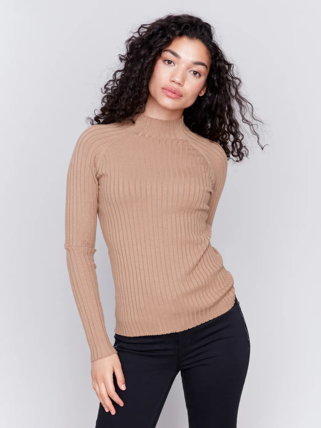 Charlie B C2754R-077C Women's LS Basic Ribbed Mock Neck Sweater/