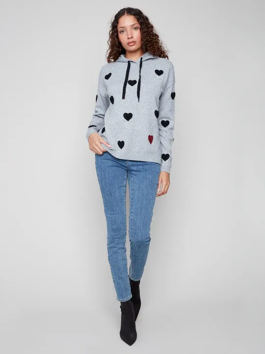 Charlie B C2436Y-736A Women's Needle Punch Hearts Hoodie – Grey
