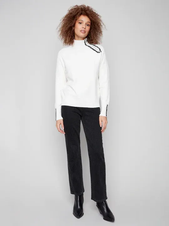 Charlie B C2938E-736A Women's Long Sleeve Cross Stitch Heart Plush Sweater – Ecru