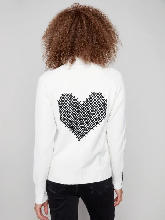 Charlie B C2938E-736A Women's Long Sleeve Cross Stitch Heart Plush Sweater – Ecru