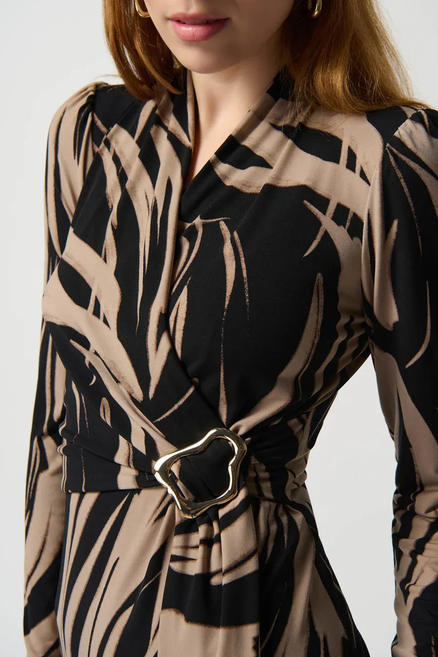 Joseph Ribkoff 234123 Women's Long Sleeve Abstract Print Sheath Dress w/ Side Buckle – Black- Latte