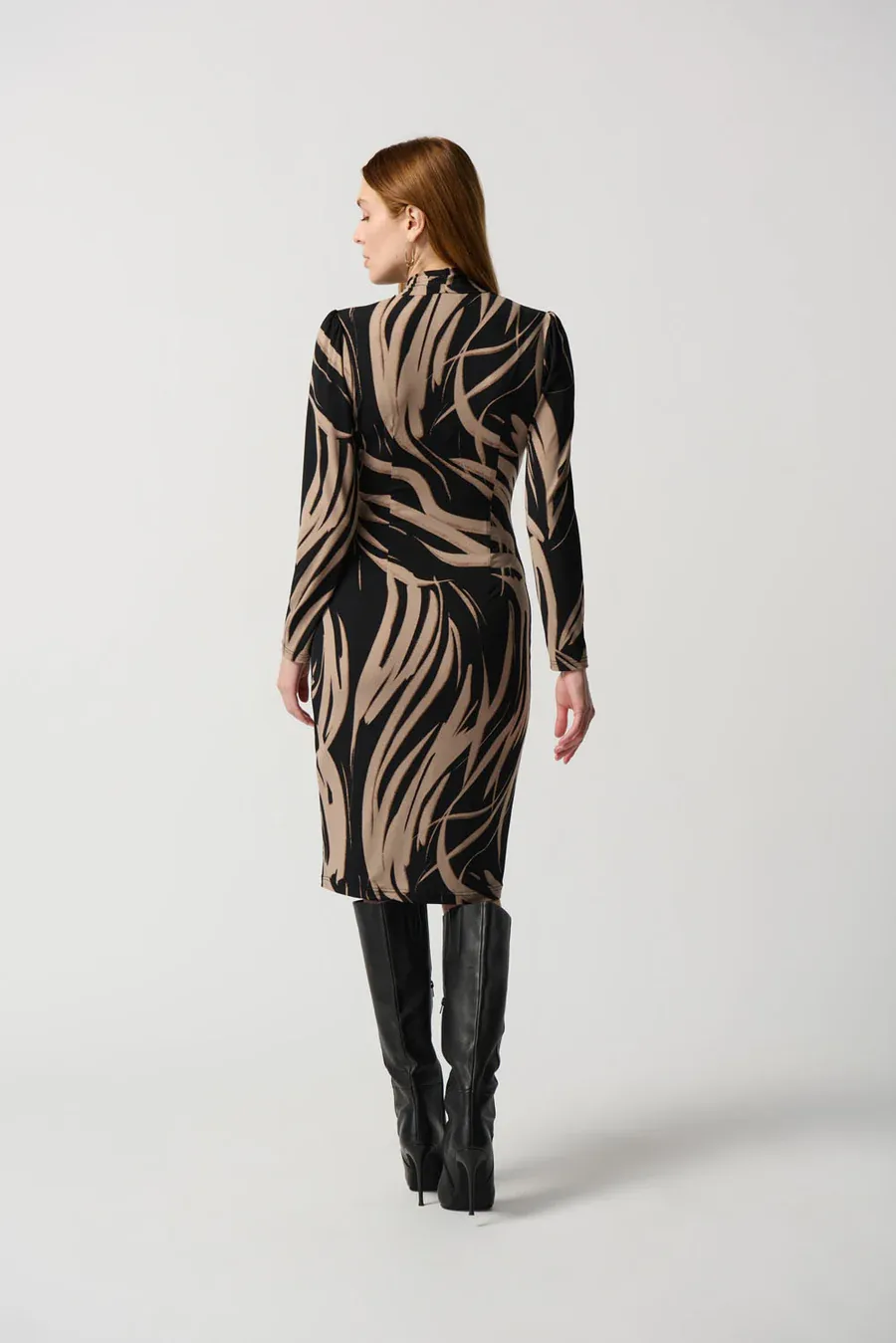 Joseph Ribkoff 234123 Women's Long Sleeve Abstract Print Sheath Dress w/ Side Buckle – Black- Latte