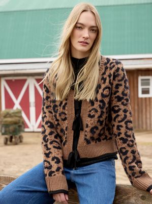 Charlie B C2933-430C Women's Bow Tie Front Jacquard Cardigan/ANIMAL