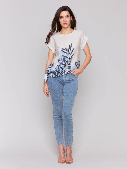 Charlie B C4483B-787A Short Sleeve Top Side Knot Palm Print – Beige Blue