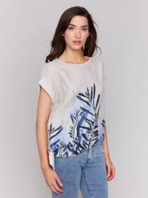 Charlie B C4483B-787A Short Sleeve Top Side Knot Palm Print – Beige Blue