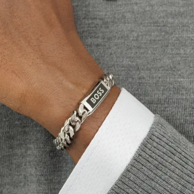 BOSS 1580679S Men's Kassy Emblem Silver Tone Chain Cuff & Logo Plate Bracelet