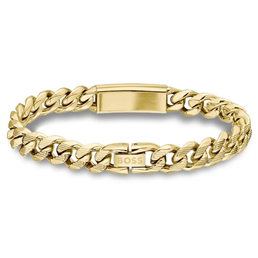 BOSS 1580680M Men's Kassy Emblem Gold Tone Chain Cuff & Logo Plate Bracelet