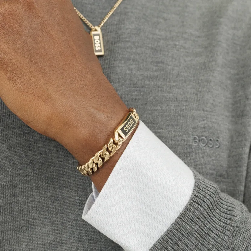 BOSS 1580680M Men's Kassy Emblem Gold Tone Chain Cuff & Logo Plate Bracelet