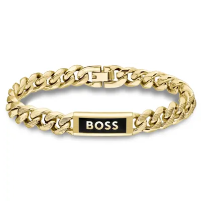 BOSS 1580680M Men's Kassy Emblem Gold Tone Chain Cuff & Logo Plate Bracelet