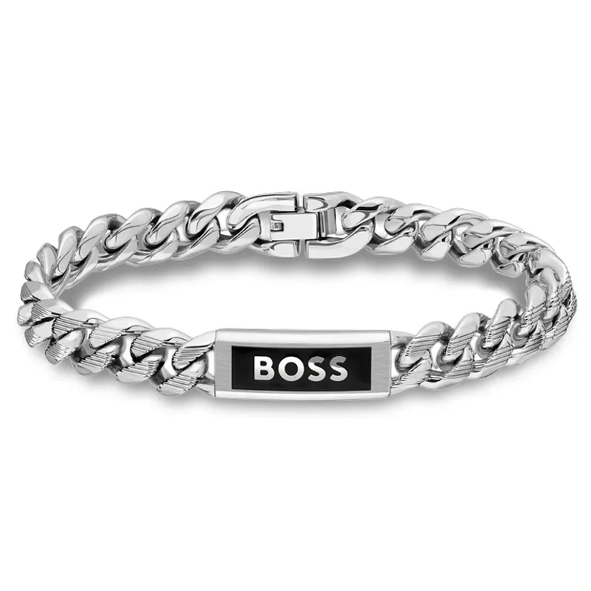 BOSS 1580679S Men's Kassy Emblem Silver Tone Chain Cuff & Logo Plate Bracelet