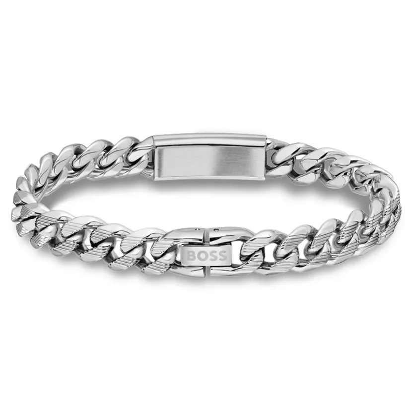 BOSS 1580679S Men's Kassy Emblem Silver Tone Chain Cuff & Logo Plate Bracelet
