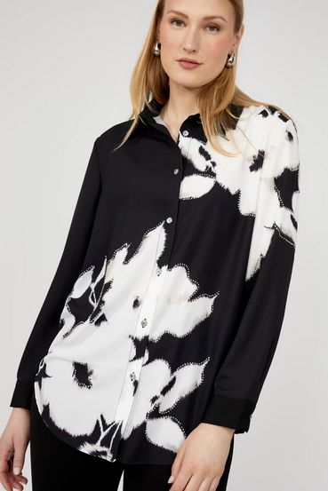 Frank Lyman 253814 Women's Long Sleeve Floral Button Up Blouse – Black & Off White