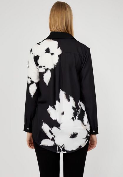 Frank Lyman 253814 Women's Long Sleeve Floral Button Up Blouse – Black & Off White