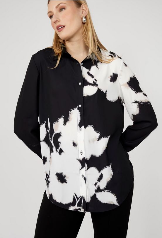 Frank Lyman 253814 Women's Long Sleeve Floral Button Up Blouse – Black & Off White