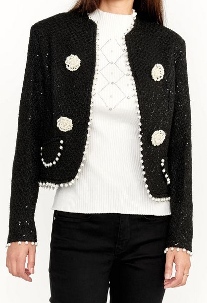 Frank Lyman 233851U Women's Long Sleeve Pearl Trim & Detachable Brooches Jacket – Black