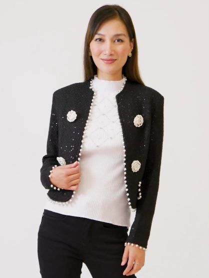 Frank Lyman 233851U Women's Long Sleeve Pearl Trim & Detachable Brooches Jacket – Black