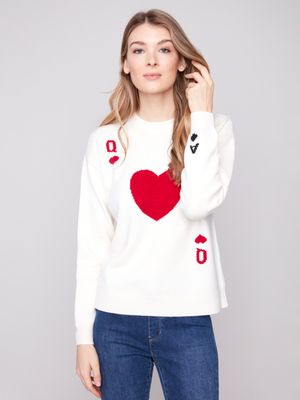 Charlie B C2526Q-464A Women's Long Sleeve Jacquard Queen Card Sweater