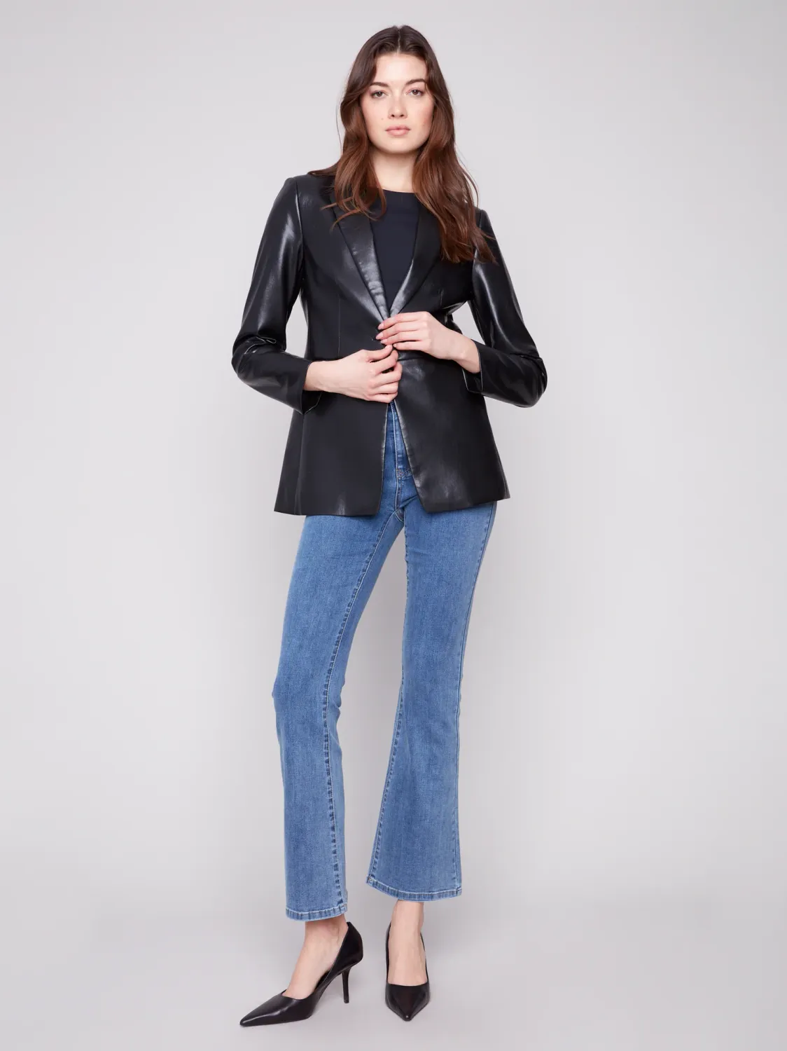 Charlie B C6387-375C Faux Leather Blazer – Black