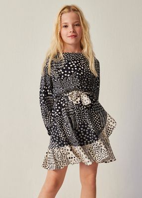 Mayoral 7961 girls youth black dress with crudo pattern with belt and crudo ruffled bottom