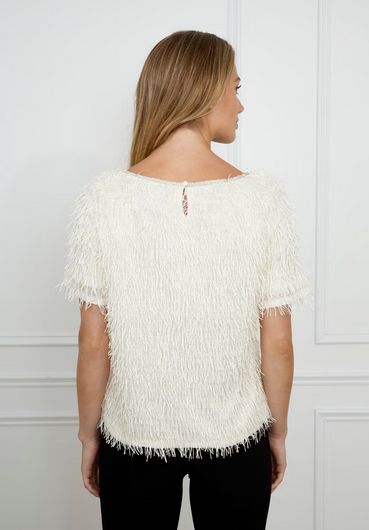 Frank Lyman 259739 Women's Short Sleeve Shimmer Fringe Top – Vanilla