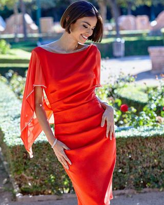 Frank Lyman 238116 Women's SL Dress w/ Gemstone Border Cape/ CHERRY