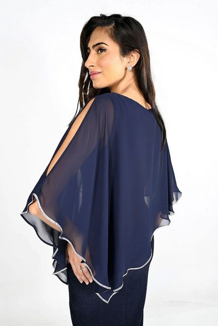 Frank Lyman 219203 Women’s SL Rhinestone Border Cold Shoulder Chiffon Overlay & Ribbed Dress – Midnight