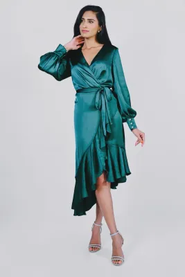 Frank Lyman 229224 Women's Long Sleeve Silky Ruffle Dress w/ Waist Tie – Emerald