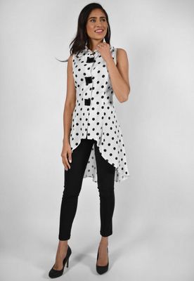 Frank Lyman 226519 Women's SL Polka Dot Hi-Low Tunic/ WHITE- BLACK
