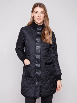Charlie B C6313RP Women's Reversible Jacquard Quilted Puffer Coat/
