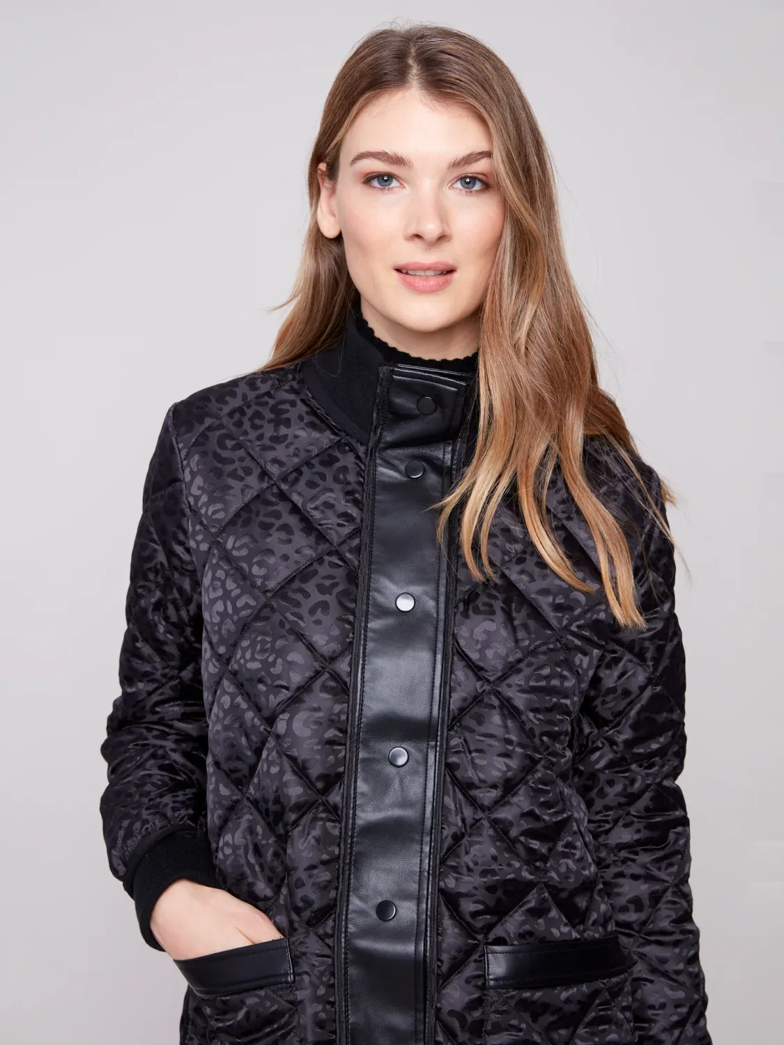 Charlie B C6313RP Women's Reversible Jacquard Quilted Puffer Coat