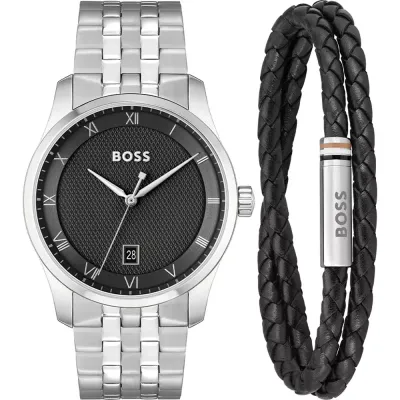 BOSS 1570177 Men's S.Steel Black Dial Watch & Braided Black Leather Bracelet Set 2PC