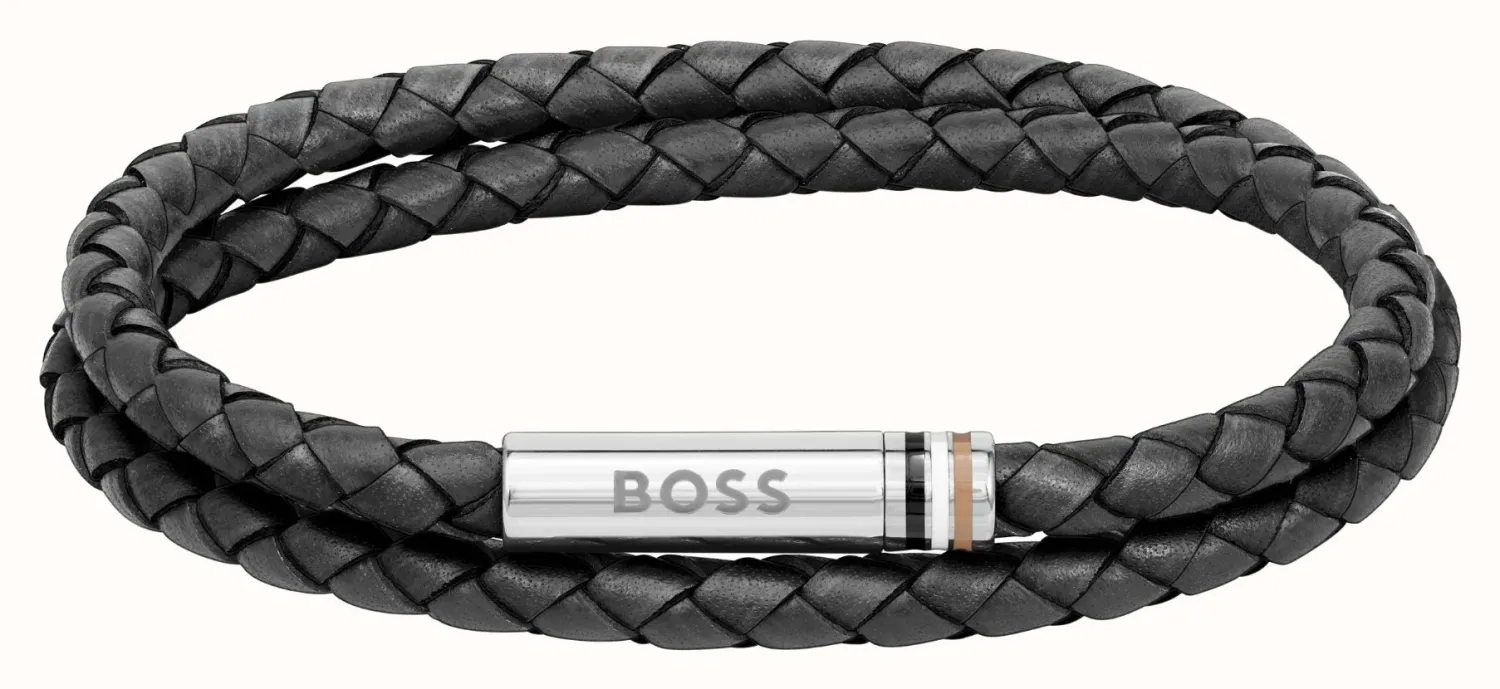 BOSS 1570177 Men's S.Steel Black Dial Watch & Braided Black Leather Bracelet Set 2PC
