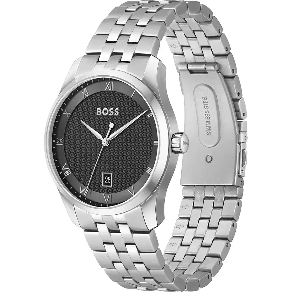 BOSS 1570177 Men's S.Steel Black Dial Watch & Braided Black Leather Bracelet Set 2PC