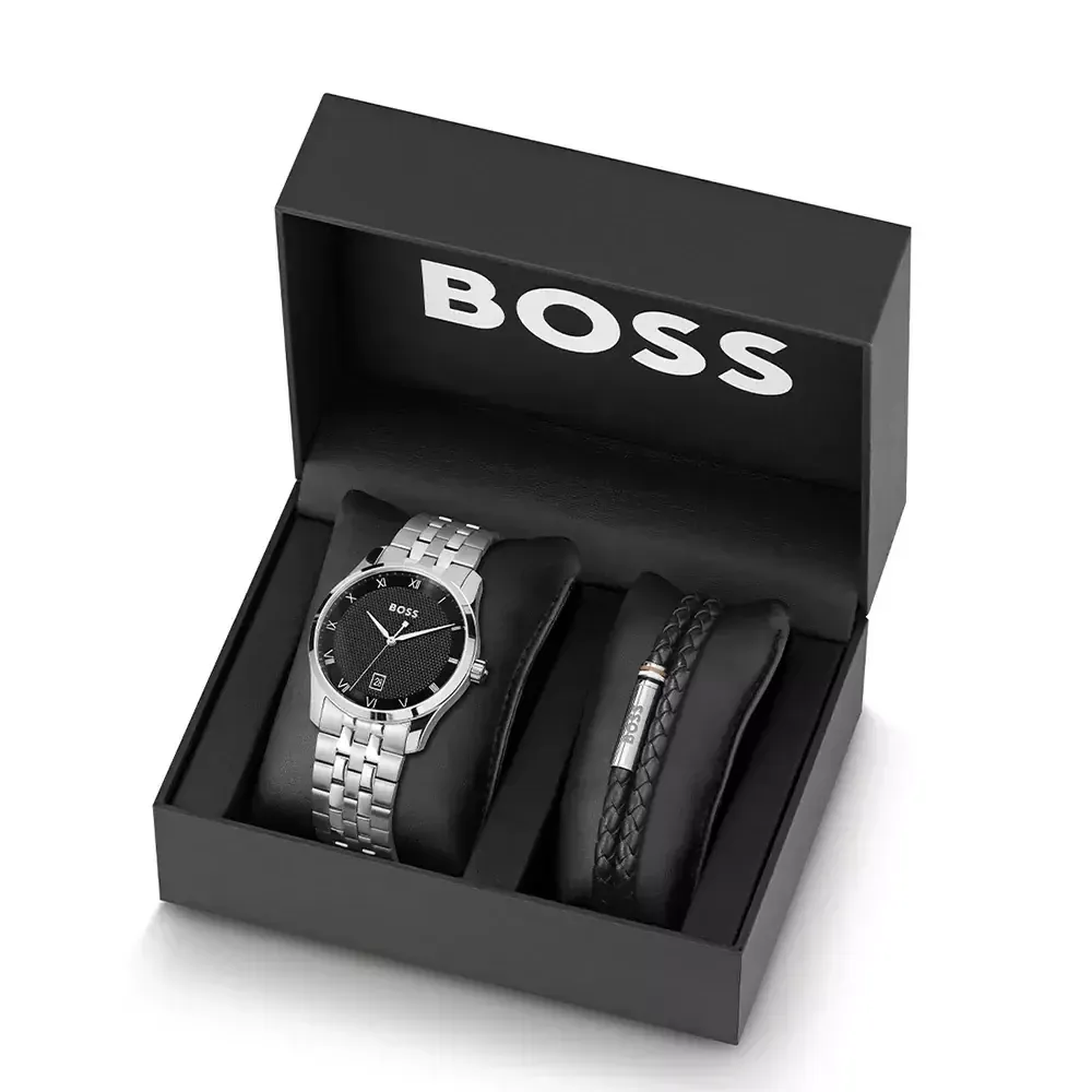 BOSS 1570177 Men's S.Steel Black Dial Watch & Braided Black Leather Bracelet Set 2PC
