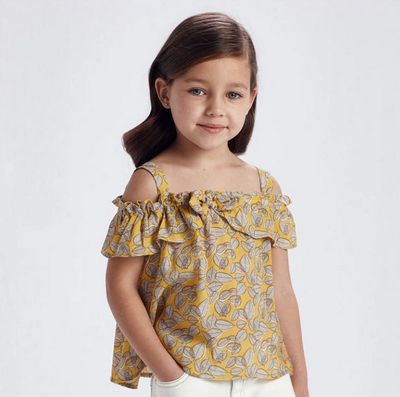 Mayoral 3195 Girl's 2 Yellow tank top with white leaves and a bow