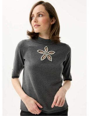 Leo & Ugo AW121-5 Women's Short Sleeve Mock Neck Top w/ Pearl Flower