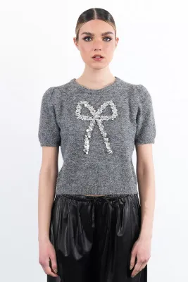 Molly Bracken LALF165DN Women's Short Sleeve Knit Sweater w/ Bow