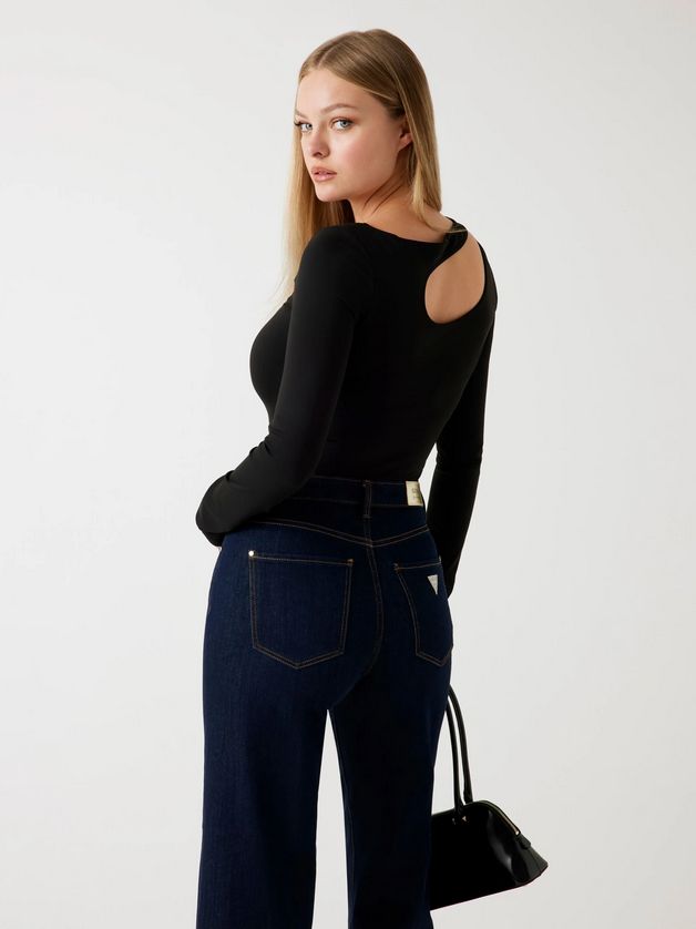 Guess W5BP18KC7M2 Women's Long Sleeve Eleanor Buckle Top – Jet Black