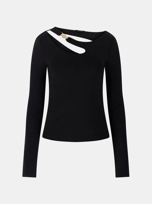 Guess W5BP18KC7M2 Women's Long Sleeve Eleanor Buckle Top – Jet Black